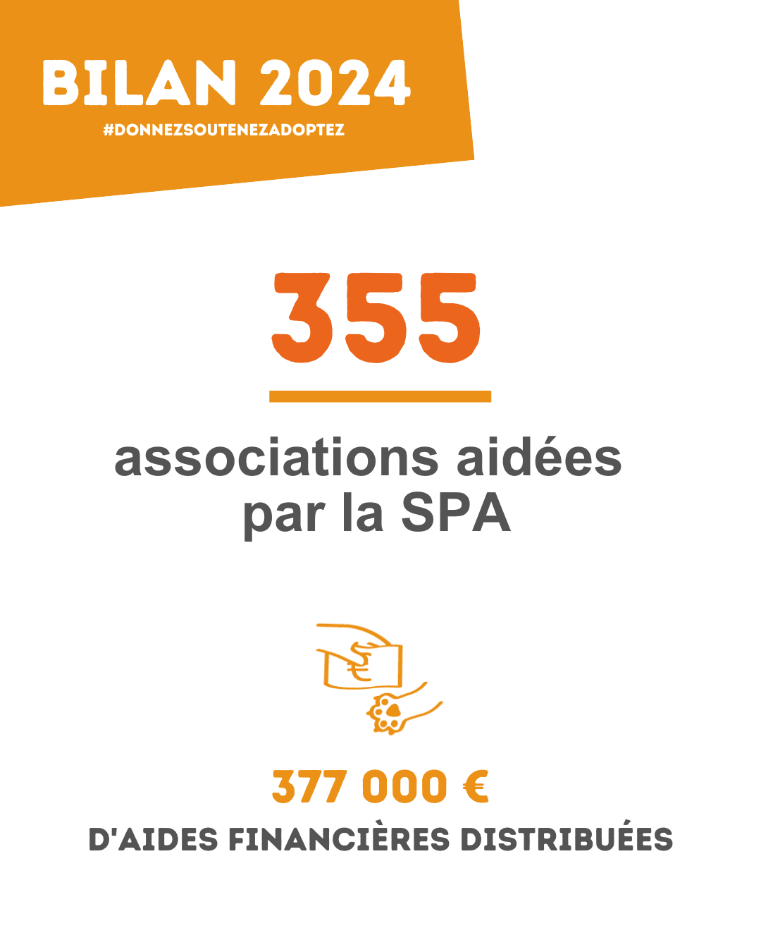 Une infographie qui indique les chiffres importants de la SPA en 2024. 355 associations ont été aidées financièrement par la SPA pour un montant total de 377000 euros.