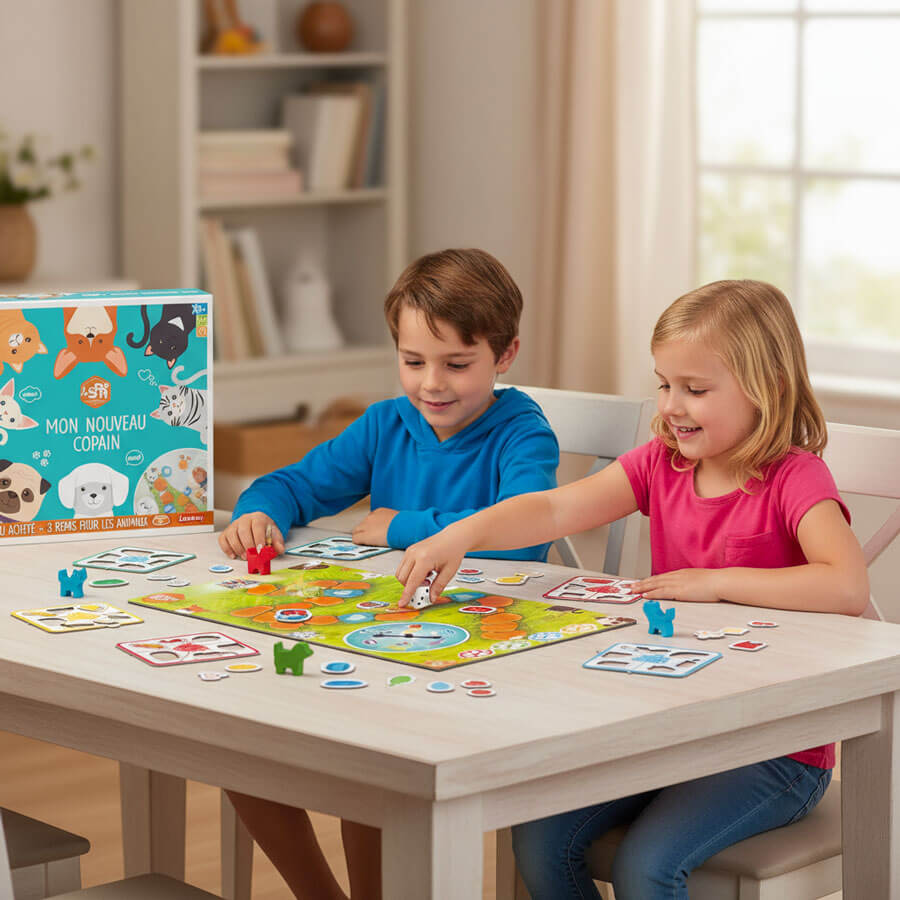 Deux jeunes enfants, un garçon aux cheveux bruns portant un pull à capuche bleu et une fille blonde portant un t-shirt rose, sont assis l'un en face de l'autre à une table en bois clair. Ils jouent à un jeu de société sur le thème des animaux intitulé 'Mon Nouveau Copain'. La fille est en train de lancer un dé blanc au centre du plateau de jeu illustré, tandis que le garçon la regarde. Le plateau, les cartes et les pions (incluant un pion en forme de chien vert) sont étalés sur la table. La boîte du jeu est visible à gauche. L'arrière-plan, flou, montre un intérieur domestique lumineux avec une bibliothèque blanche.