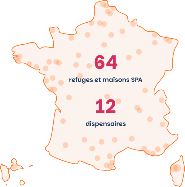 Carte représentant le réseau de la SPA : 64 refuges et Maisons SPA et 12 dispensaires.