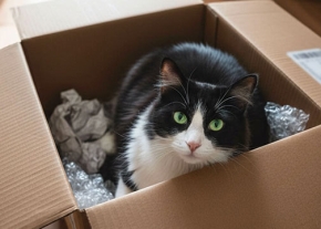 Un chat noir et blanc aux yeux verts brillants est confortablement installé dans une boîte en carton ouverte. Le chat a la poitrine et la truffe blanches, et regarde l'objectif. La boîte est remplie de papier froissé gris et de papier bulle, matériaux d'emballage qui offrent un espace de jeu ou de repos. L'arrière-plan flou suggère un intérieur domestique, soulignant le bien-être animal de ce félin.