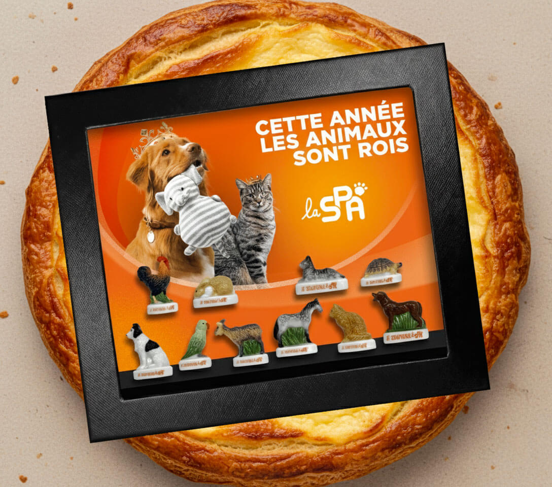 Dans le cadre de son partenariat avec la SPA chaque galette vendue contenant une fève SPA permet d'offrir un repas à la SPA. Visuel des fèves de la collection SPA