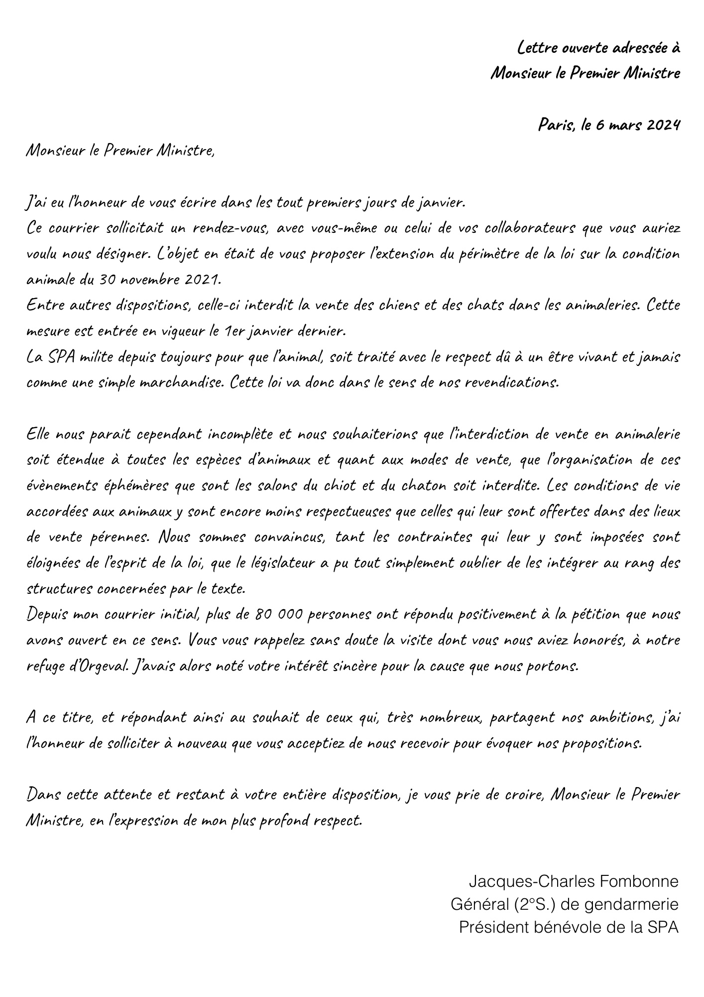 Lettre adressée au premier ministre de la république française par la société protectrice des animaux